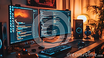 Coding session at home desktop setup technology cozy environment close-up digital creativity Cartoon Illustration