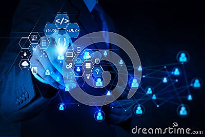 Coding software developer work with augmented reality dashboard computer icons Stock Photo