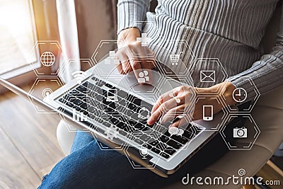 Coding software developer work with augmented reality dashboard computer icons Stock Photo