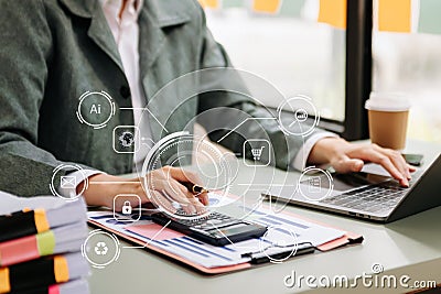 Coding software developer work with augmented reality dashboard computer icons with responsive cybersecurity Stock Photo