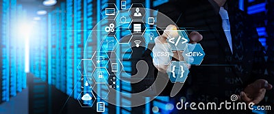 Coding software developer work with augmented reality dashboard computer icons of scrum agile development and code fork and versio Stock Photo