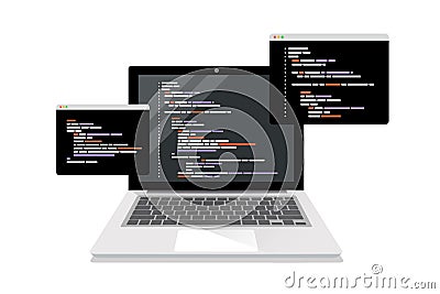 coding symbols and programming windows on laptop screen Vector Illustration