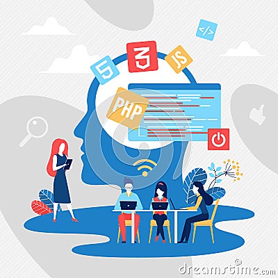 Coding teamwork concept, create code of programming language Vector Illustration