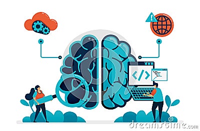 Coding to create artificial intelligence program. looking for bug in artificial brain robot. smart technology on artificial Vector Illustration