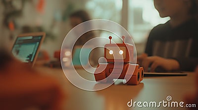 Coding workshop for kids with robot interaction and laptops AI generated Stock Photo