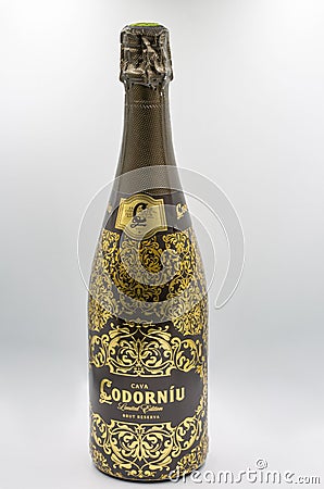 Codorniu Brut Reserva luxury cava bottle closeup on white Editorial Stock Photo