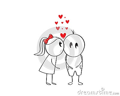 Boy and a girl in love, cartoon character, vector. Funny, cute cartoon illustration. Girl kissing a boy. Valentine greeting card Vector Illustration