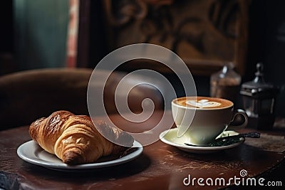 cofee break ritual with a latte and croissant in the old-fashioned cafe Stock Photo