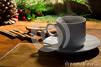 Coffe cup and christmas tree decoration.. Stock Photo