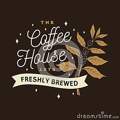 Coffe house logo, badge template. Vector . Typography design with coffee cup and branch of coffee tree silhouette Vector Illustration