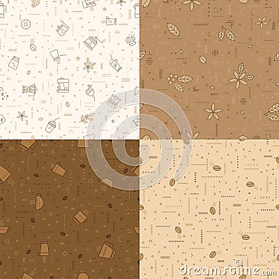 Coffe pattern set with beans, mugs, cakes, donuts and other coffee attributes. Seamless vector illustrations on beige, brown Vector Illustration