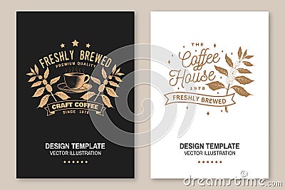 Coffe shop logo, badge template. Vector Flyer, brochure, banner, poster design with coffee cup and branch of coffee tree Vector Illustration