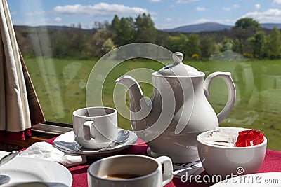 Coffe table in restaurant car Strathspey Railway Scotland Stock Photo