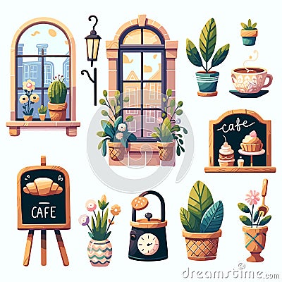 Set cafe decor releated illustrative icons in white background. Cartoon Illustration