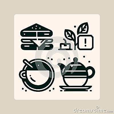 Set of cafe releated icons in cream background in minimalistic flat style.. Cartoon Illustration