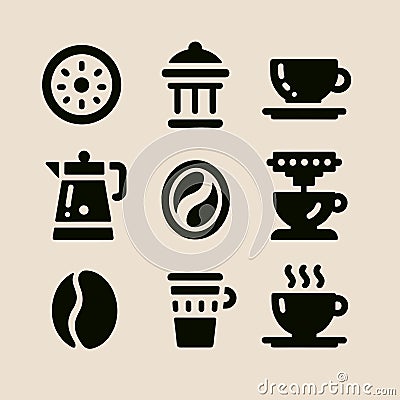 Set of coffee releated icons in white background in minimalistic flat style.. Isolated. Cartoon Illustration