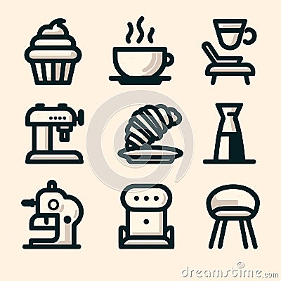 Set of cafe releated icons in cream background in minimalistic flat style. Cartoon Illustration