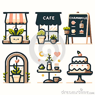 Set cafe decor releated icons in white background. Cartoon Illustration