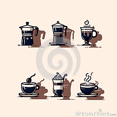 Coffee releated icon set in cream background. Isolated items. Vector illustration. Stock Photo