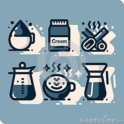 Milk and cream vector icon set in blue pastel. Cartoon Illustration