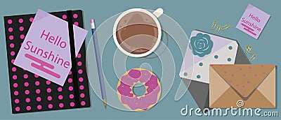 Coffee, Agenda and Donuts on the table. Top view Stock Photo