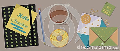 Coffee, Agenda and Donuts on the table. Top view Stock Photo