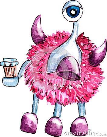 Coffee alien monster watercolor art Cartoon Illustration