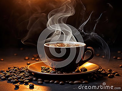 Coffee Aroma: A Hot Cup Amidst a Bed of Coffee Beans Stock Photo