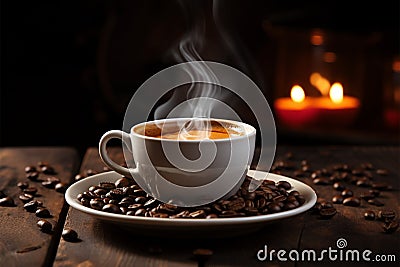 Coffee aroma Morning cup with beans, plate, and aromatic smoke Stock Photo