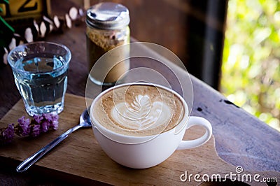 Coffee aroma white cup on wood table in the morning time Stock Photo