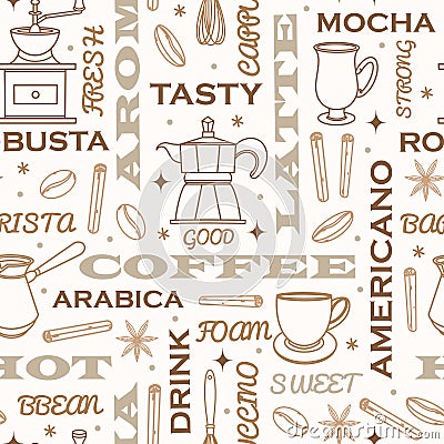 Coffee attributes seamless vector pattern. Hand-drawn illustration on a light background. Accessories for brewing a drink Vector Illustration