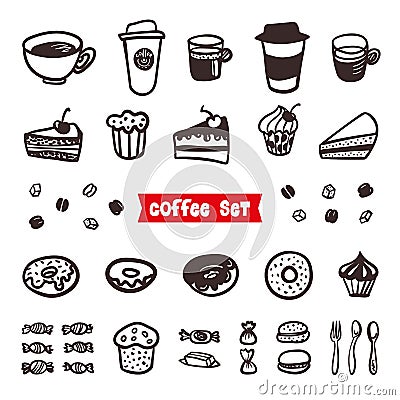 Coffee Attributes set. Outline Hand Drawn elements. Different cups of coffee Espresso, cappuccino, latte, ristretto Vector Illustration