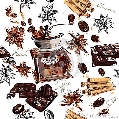 Coffee background with watercolor spots coffee mill fried bean Stock Photo