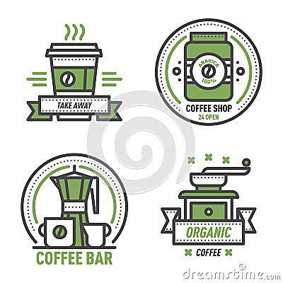 Coffee badge logo food design thin line lettering for restaurant, cafe menu coffee house and shop element beverage label Vector Illustration