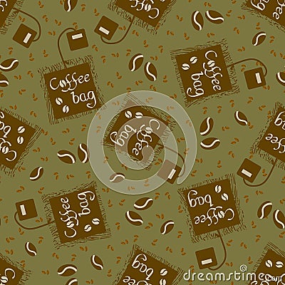 Coffee bag and beans vector seamless pattern background. Sage greeb brown backdrop with disposable freshly brewed Vector Illustration