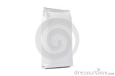 Coffee bag mockup isolated on white background. Front View. White package for tea, biscuit. Paper pouch, milk pack Stock Photo