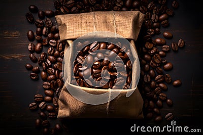 coffee bag wrapped in coffee beans, top down view dark background, Generated AI Stock Photo