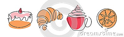 Coffee and Bakery set. Continuous one line drawing croissant, lemon, donut, hot drink cup. Baking shop Logo concept Vector Illustration