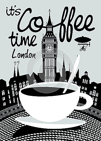 Coffee banner on background of London landscape Vector Illustration