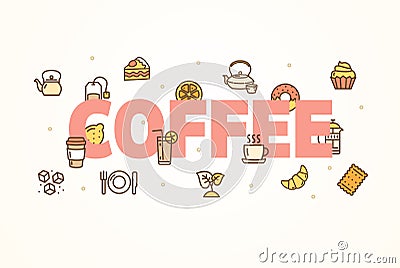 Coffee Banner with Color Thin Line Icon. Vector Vector Illustration
