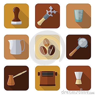 Coffee barista instruments icons set Vector Illustration