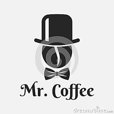 Coffee bean with hat logo. Mister Coffee on white Stock Photo