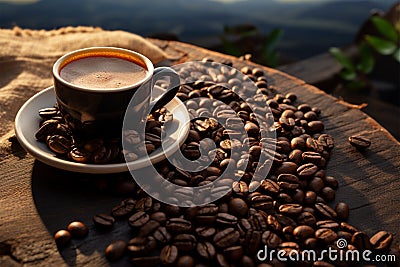 Coffee bean resting on a wooden board, a rustic scene Stock Photo