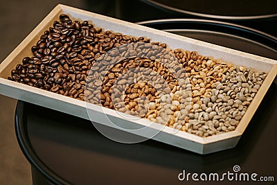 Coffee bean colors display from Raw beans to Dark roast Stock Photo