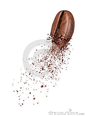 Coffee beans break into powder close-up on white background Stock Photo