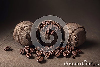 coffee beans in burlap bags on a dark background. studio shot Stock Photo