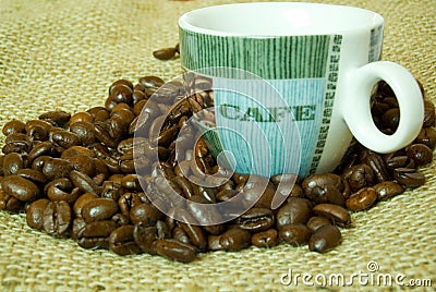 Coffee beans and cup Stock Photo