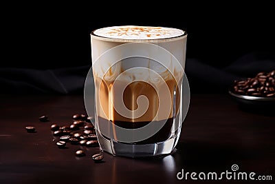 Coffee with coffee beans on a dark table with cream, black background Stock Photo