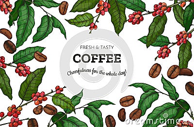 Coffee beans engraved background. Hand drawn branches with leaves and seeds. Restaurant and cafeteria shop menu framing Vector Illustration