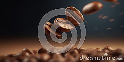 Coffee beans in flight on a dark background. Close up Stock Photo